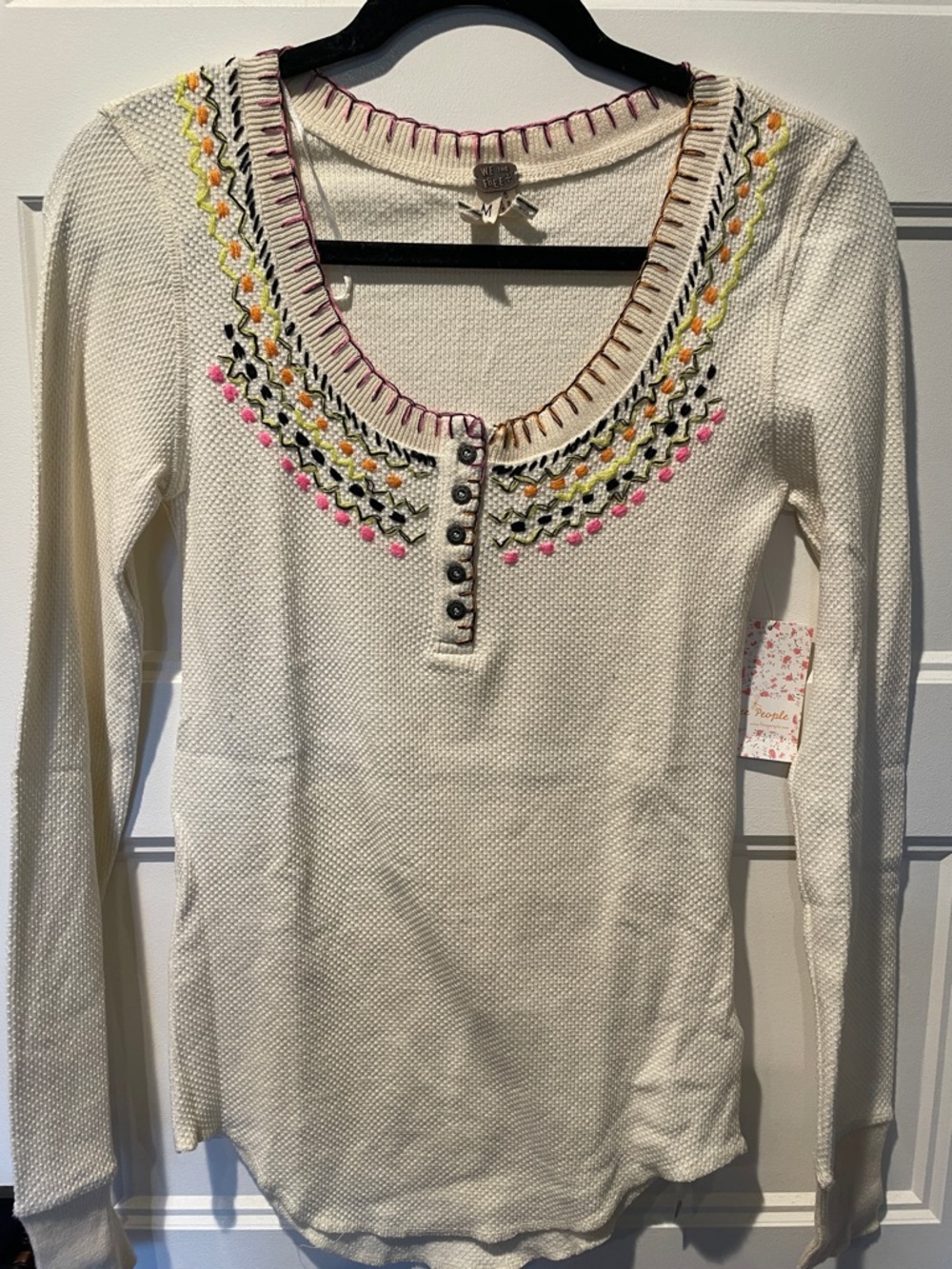 Free People Cream Embroidered Henley Top with Neon Accents